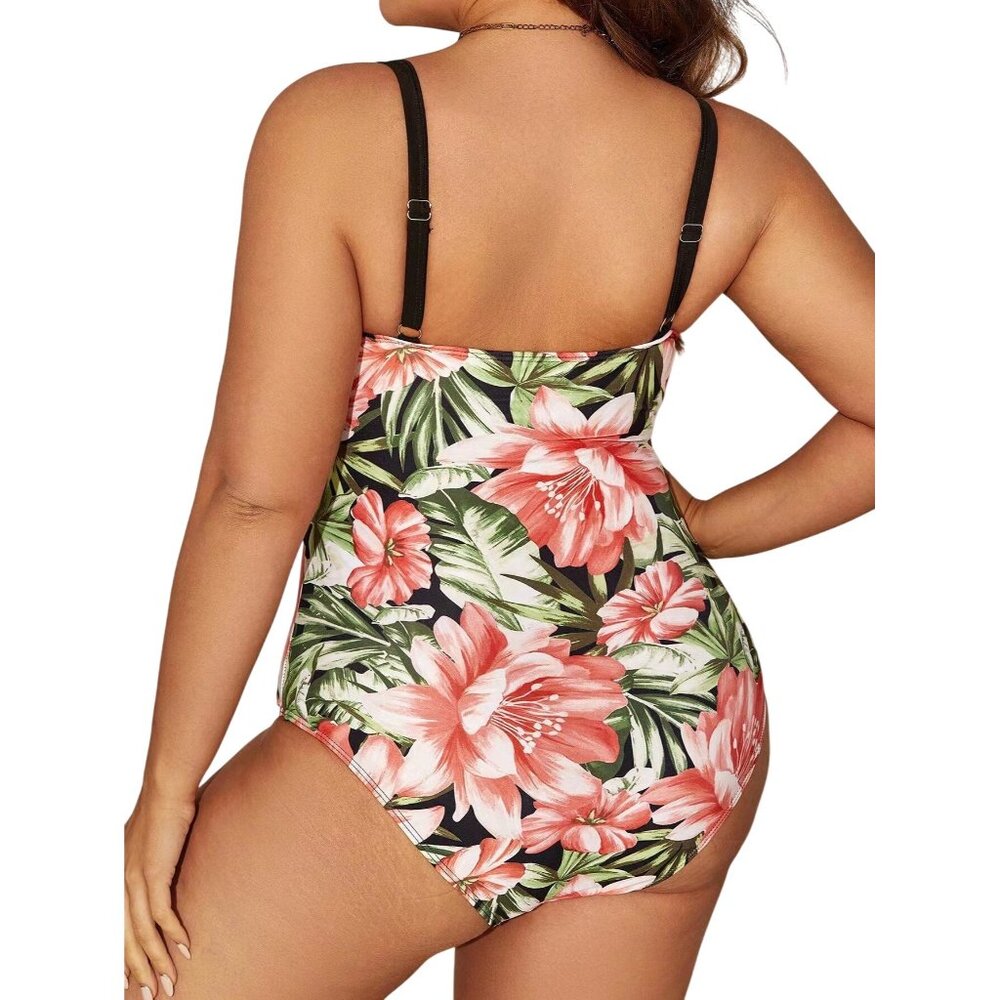 NEW 2XL Vibrant Plus Size Tropical Print Summer Vacay Trendy One Piece Swimsuit - Picture 2 of 11